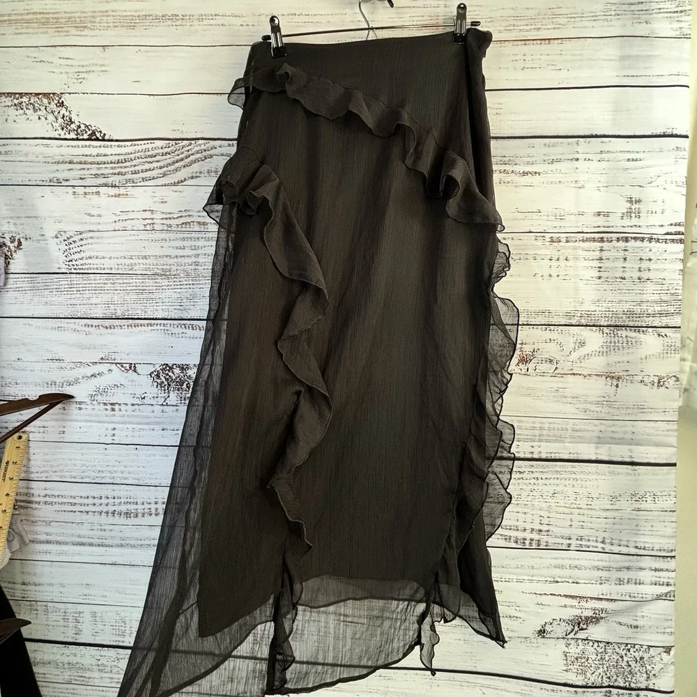 Future Collective Black Chiffon Skirt 8 Long Ruffled Witchy Whimsigoth Slit Sexy